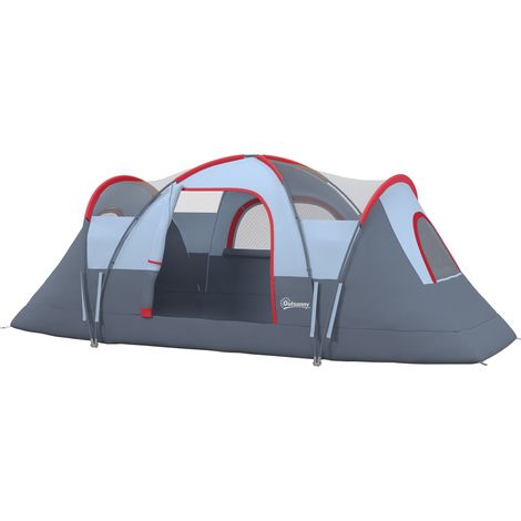 Tente de camping imperméable pour 6 personnes avec protection UV, poteaux en fibre de verre, 4,55 m x 2,2 m x 1,8 m, grise.
