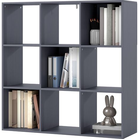 Graues Bücherregal mit 3 Ebenen und 9 Fächern, 91 x 29,5 x 91 cm, für Wohnzimmer, Büro, Schlafzimmer