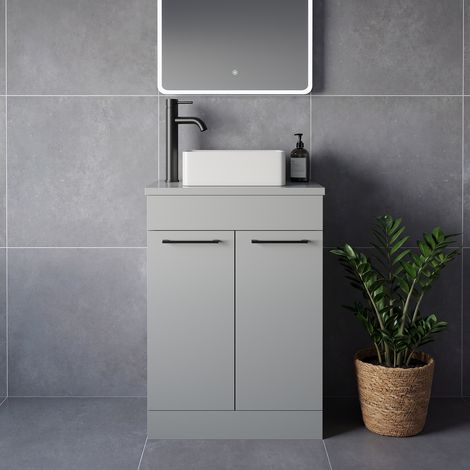 Napoli 390 Gloss Grey Pearl 600mm 2 Door Vanity Unit for Countertop Basins - 600mm - Matt Black 160mm Handle