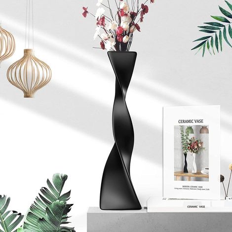 Grand vase en céramique - Vase torsadé noir moderne pour la décoration florale - Design en céramique noire - 1 pièce - Décoration de salon - Noir (1/5)