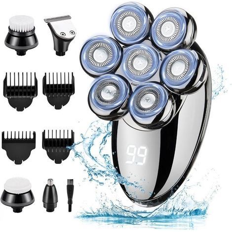 (Farbe: Silber) Elektrischer Herrenrasierer, 5-in-1-Rotationskopfrasierer, IPX7 wasserdicht, wiederaufladbar, Nass- und Trockenrasierer-Set für Glatzen (1/5)