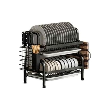 Égouttoir à Vaisselle 2 Niveaux - Métal Antirouille - Support pour Assiettes, Verres et Ustensiles - Bac Amovible - 23,5 x 42 x 39 cm - Noir (1/5)