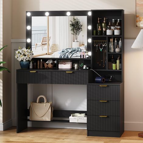 Coiffeuse avec Grand Miroir LED et Multiprise Intégrée, Table de Maquillage Moderne avec 5 Tiroirs, 6 Crochets pour Bijoux, Compartiments Ouverts, Meuble de Chambre à Coucher/Dressing (Noir) (1/5)