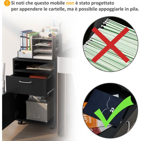 Cassier de bureau noir 40x35x60 cm avec tiroir, roues freinables, tablette ouverte, classeur pour lettres/format légal/A4, meuble de rangement vertical pour espace travail ou salle d'étude. (1/5)