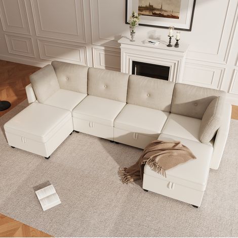Canapé modulaire 261 x 132,5 cm beige avec rangement, velours et velours côtelé (1/5)