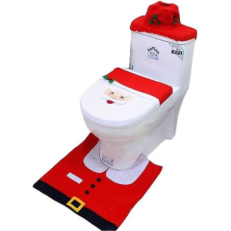 Décoration de Noël pour salle de bain et toilettes : ensemble 3 pièces comprenant un couvre-toilettes amovible et lavable, un tapis et un bouchon d'eau.