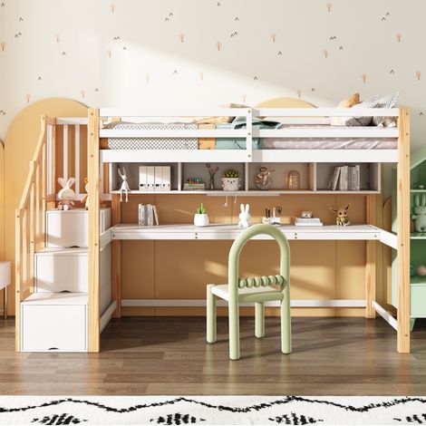 Kinderhochbett mit Schreibtisch und Treppe mit Stauraum aus Massivholz und MDF, Weiß und Eiche (1/5)