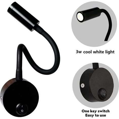 Lámpara de lectura de pared negra de 3 W, aplique de pared de aluminio con cuello ajustable y flexible, lámpara de mesilla de noche con interruptor LED, cuidado de la vista. (1/5)