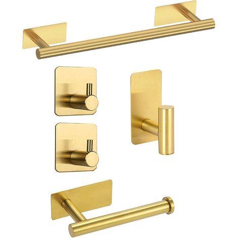 Handtuchhalter aus Edelstahl, 5-teiliges Badezimmer-Hängeset, kein Bohren erforderlich, goldfarben (1/5)