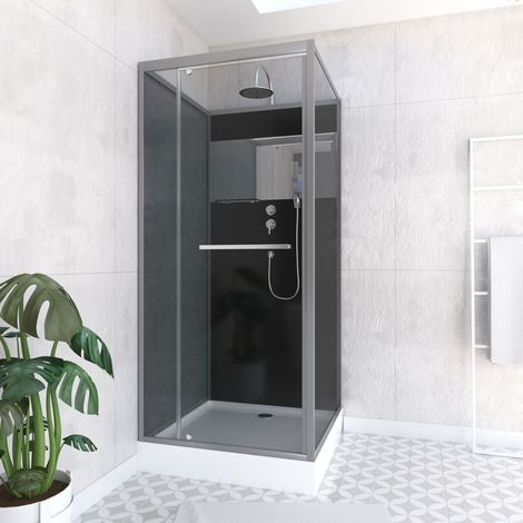 cabine de douche carrée 90x90cm porte pivotante - fond noir avec bande effet miroir - square stripe