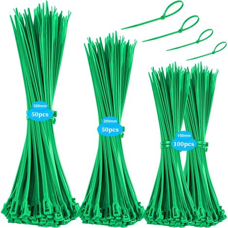 Lot de 200 serre-câbles verts - Réutilisables - 150/200/250/300 mm (50 pièces chacune) - Assortiment de fermetures éclair résistantes aux UV - Pour la maison, la construction, le jardin (1/5)