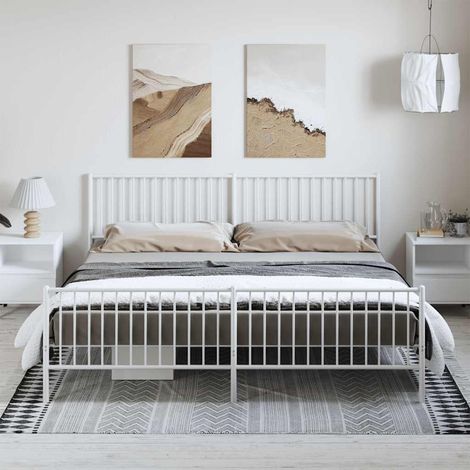 Cadre de lit métal sans matelas et pied de lit blanc 193x203 cm (1/5)