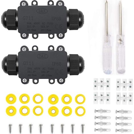 2 Pièces Boîtes de Connexion Câble, 3-Pôles Boîte de Dérivation Connecteurs des Câbles, Boîte de Jonction Étanche pour Câble Ø 4-15 mm, avec 3 Paires Bouchons de Silicone (1/5)
