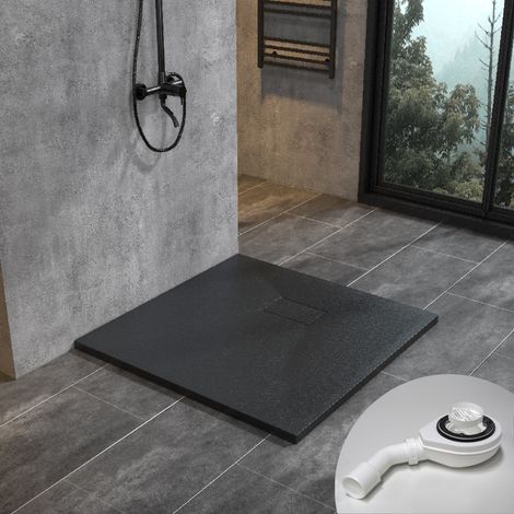 90x90 cm SMC Duschwanne mit Ablaufgarnitur Schwarz Brausewanne Superflach Steinoptik Anti-Rutsch (1/5)