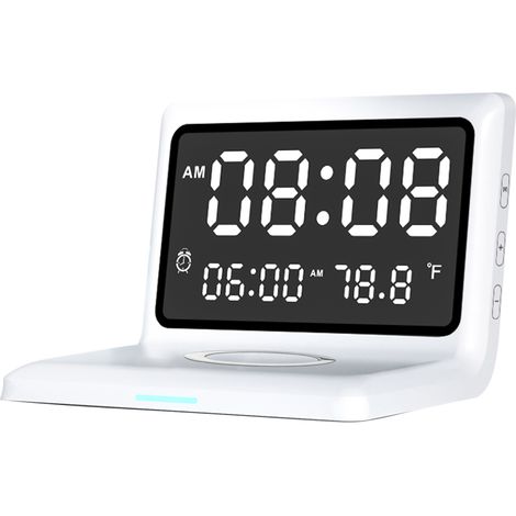 Réveil Digital Miroir Chargeur Sans Fil 15W Grand Écran Dimmable Fonction Snooze Affichage Température USB Noir ou Blanc (1/5)