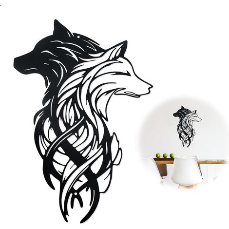 Tete de Loup Decoration Murale Metal, Tete de Loup Deco Murale, Double Tete de Loup en Metal Noir et Blanc Decoration Murale Exterieur pour Cadeau Jardin Maison Decoration Objet avec des Loups (1/5)