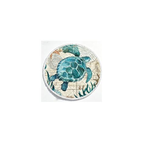 Serviette ronde microfibre bleue motif tortue 150cm multifonction plage bain yoga camping pique-nique 1 pièce (1/4)