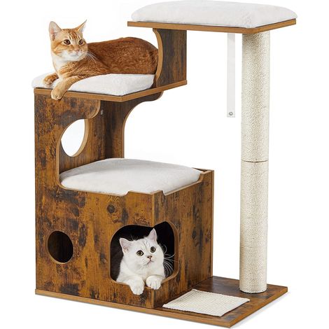 Arbre à chat vintage rustique en placage bois avec coussins fourrure blanche – Pour 1 ou plusieurs chats – Espace confortable et décoratif (1/5)