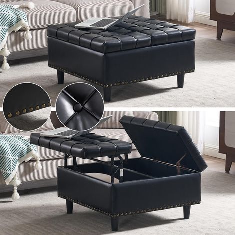 Grande chaise de rangement carrée, banc relevable avec espace de rangement, convient pour le salon, la chambre, le bureau, coffre de rangement rembourré (PU noir)
