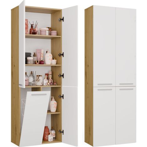 NEL 1k dd - mobile bagno - 5 mensole, cesto portabiancheria - 60x174x30 cm - rovere artisan bianco (1/5)