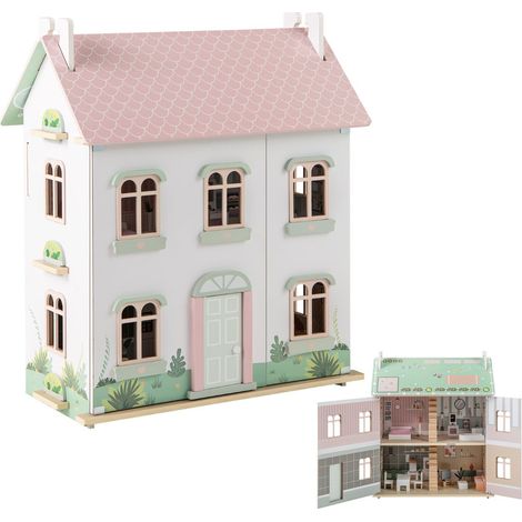Maison de poupée en bois à 3 niveaux 55 x 35 x 66 cm portes ouvrables ambiance cosy style scandinave en MDF rose