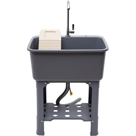 Évier ménager polyvalent, 60 x 40 x 76,5 cm, avec robinet pivotant à 360°. Évier indépendant intégré avec tablette de rangement et planche à laver. Pour salle de bains. Gris.