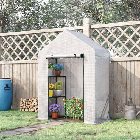 Serra da esterno Outsunny, serra piccola con 2 ripiani, porta avvolgibile con cerniera, struttura in acciaio e copertura in PE da 140 g/m² per la coltivazione di piante e fiori, 143x73x195 cm, bianca