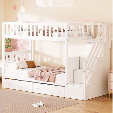 DESVIAE Lit superposé enfant en bois massif avec escalier de rangement et 2 tiroirs 90 x 200 cm blanc avec sommier à lattes