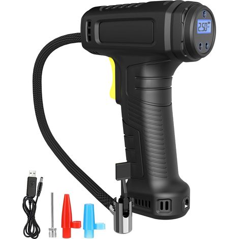 Per compressore d'aria per gonfiaggio pneumatici a batteria, gonfiatore portatile per pneumatici con manometro digitale, pompa per pneumatici senza fili a batteria ricaricabile con luce LED 3 ugelli p (1/5)