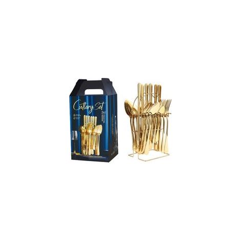 Ménagère 24 pièces en acier inoxydable, support inclus, finition polie miroir, pour 6 personnes, compatible lave-vaisselle, couleur or (1/5)