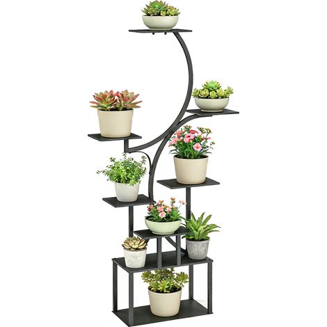 8-stufiges Metall-Blumenregal, S-förmiger Pflanzenständer 158,5 cm, für drinnen und draußen, Schwarz