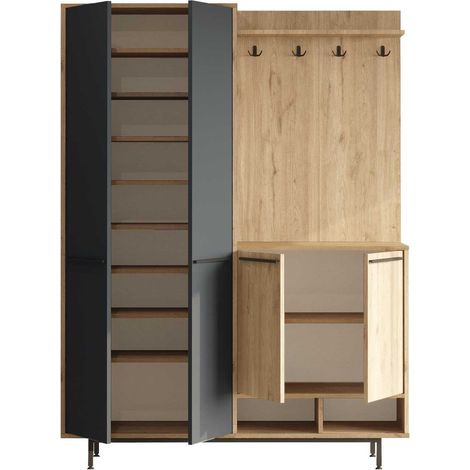 Asir Group Llc – Meuble d'entrée avec placard à chaussures et patères – Dimensions 147,4x35,5x195,6 cm – Finition chêne – Fixation murale possible (1/4)
