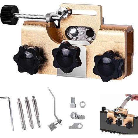 Kettensägenschärfer, leichte und tragbare Handkurbel-Kettenschärfvorrichtung, Kettensägen-Kettenschärfvorrichtungs-Sets mit 3 Hartmetall-Schneidmessern, für Elektrosägen - Gold (1/5)