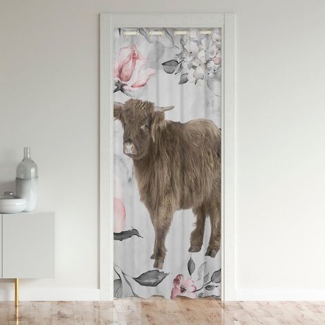 Highland Cow Fleurs Rideau de Porte,Taureau Rideau Occultant,Western Style Fun Animal Rideau de Porte,Brown Wildlife Ferme Vache Rideau,Rose Cerisier Fleur Gris Marbre Rideau de Porte,86x203 - 86x203c (1/5)