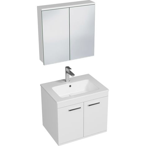 RUBITE Meuble salle de bain simple vasque 2 portes blanc largeur 60 cm + miroir armoire (1/5)