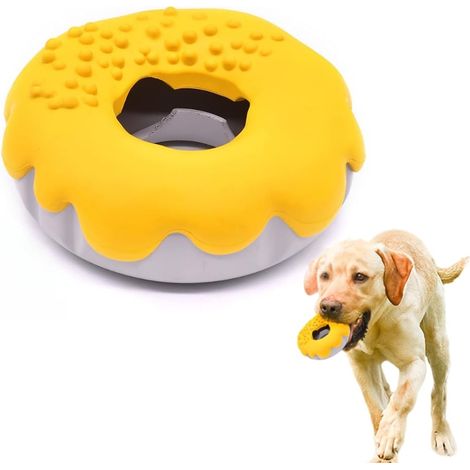 Jouets indestructibles pour chiens - Jouets interactifs 2 en 1 à mâcher et à distribuer aux chiens (Jaune vif, forme de donut)