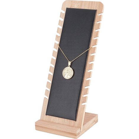 Presentador De Collares - Madera Natural Y Panel De Cuero Negro - 12 Espacios - Para Collares Y Colgantes - 10 X 26,5 Cm - 1 Unidad (1/5)