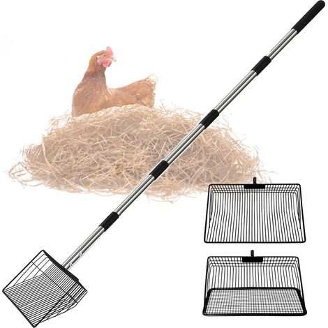 Pelle à déjections de poulet 174 cm avec 2 têtes de pelle, grande pelle à poulailler avec 5 longueurs réglables, outil de nettoyage en acier inoxydable pour chevaux, porcs et animaux (1/5)