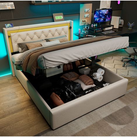 DESVIAE Lit double avec rangement LED et ports USB Type C tête de lit rembourrée beige clair 140 x 200 cm avec sommier à lattes (1/5)
