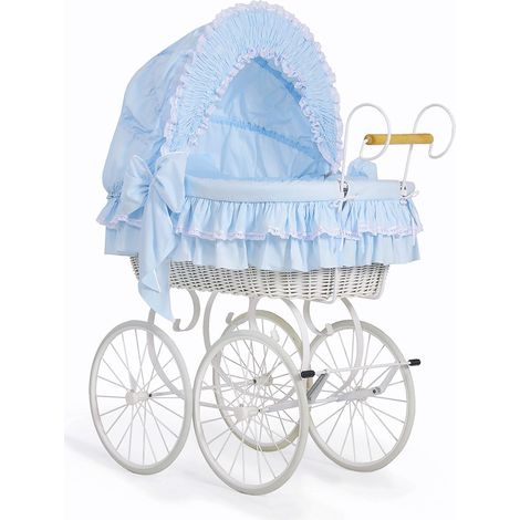 Cesta moisés de mimbre Victoria Retro con capota plegable - Ropa de cama blanca con encaje azul (1/5)