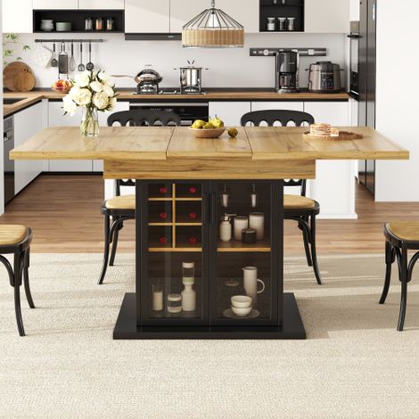 Table de salle à manger extensible (110–140 x 80 cm) : table pliante gain de place (4 à 6 couverts) pour cuisine ou salle à manger, avec casier à vin et porte en verre brun. (1/5)