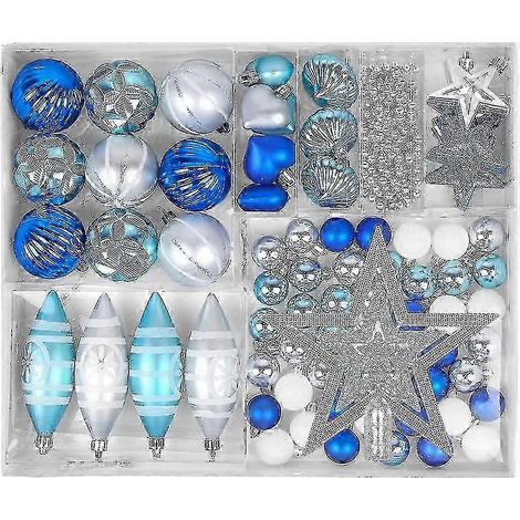 Boules de Noël bleues et argentées, décorations pour sapin de Noël (73 pièces), boules décoratives en plastique, décorations de Noël (1/5)