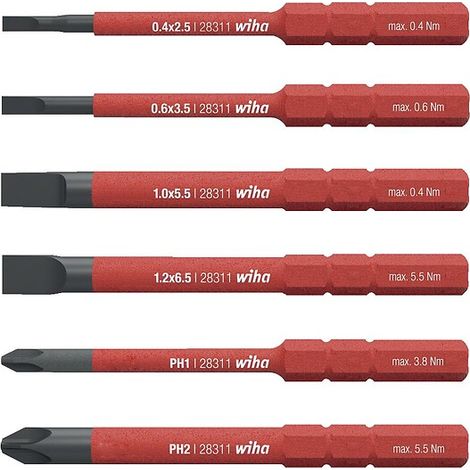 Boite de 6 embouts slim Fente - PH. isolés 1000V 2.5 - 3.5 - 5.5 - 6.5 - PH1 - PH2 - WIHA WERKZEUGE GMBH (1/5)