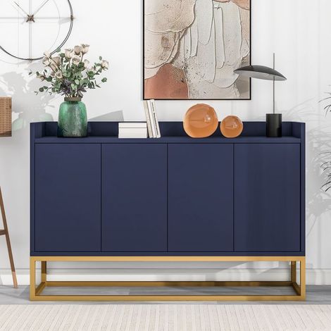 Buffet - Moderner Buffet - Buffet mit 4 Türen - 120x30x80 cm - Niedriger Buffet - Metallfüße - Für Esszimmer, Wohnzimmer, Küche - Blau