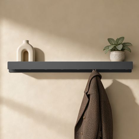 doporro Porte Manteau Mural, 8 Crochets Cachés, Patère Murale avec Étagère de Rangement, Porte-Manteau Porte Clé Noir Sablé, pour Entrée Salle de Bain Cuisine, Stalo-11