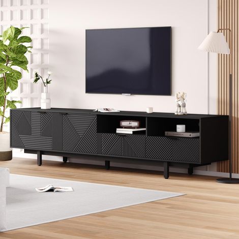 Meuble TV 200 cm noir à motifs géométriques, 5 pieds métal, rangements ouverts et fermés, passe-câbles, pour TV jusqu’à 90 pouces (1/5)