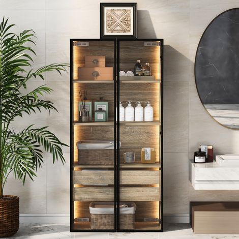 Mobile bagno in MDF color naturale 73 cm, sospeso o da terra, con LED, 2 cassetti e 2 ante in vetro satinato (1/5)