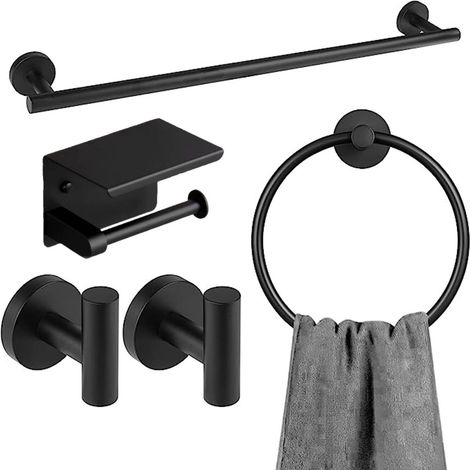 Ensemble porte-serviettes en acier inoxydable, 5 pièces, accessoires de salle de bain, noir, tube rond (1/3)