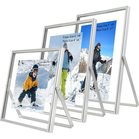 Ensemble de 3 cadres photo flottants argentés, comprenant 6"×6", 6"×8", 7"×9", vertical, cadre en verre métallique (1/5)