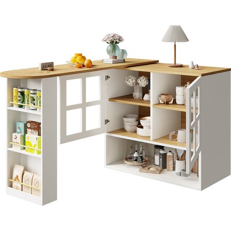 Buffet bar pivotant 360° extensible avec portes en verre trempé, rangements réglables, 5 étagères et structure MDF blanc pour salon et salle à manger  CHICFURN (1/5)